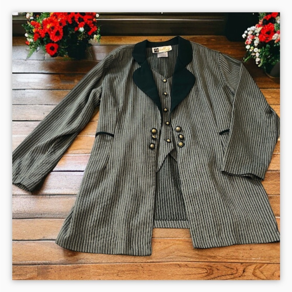 RARE-VTG JDB Green Stripe Blazer W/Built in Vest,Gold Button Detail EUC-Sz16 💛​ - Picture 6 of 14